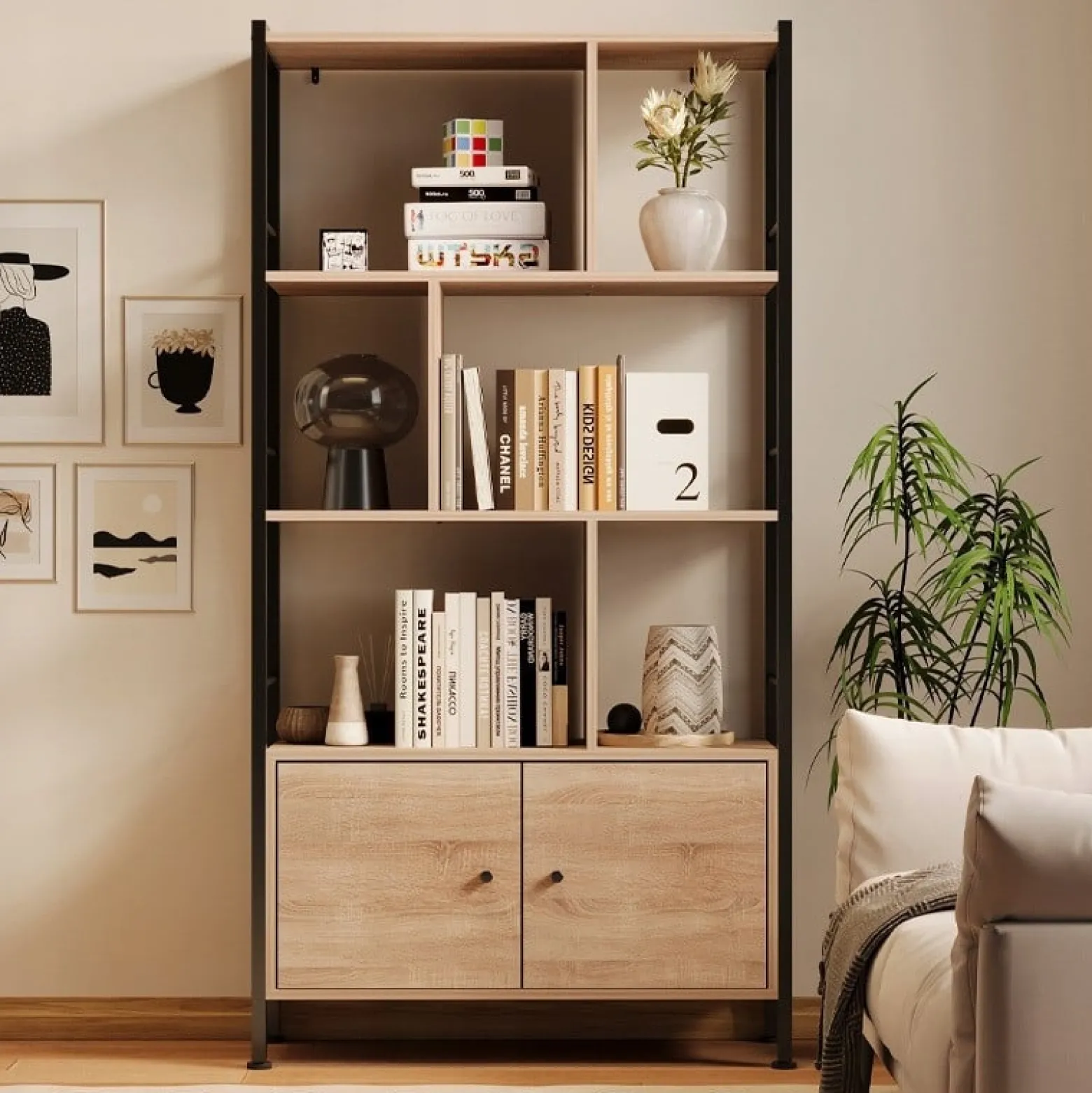 Regał na książki nowoczesny uniwersalny z zamykanymi szafkami loft pojemny