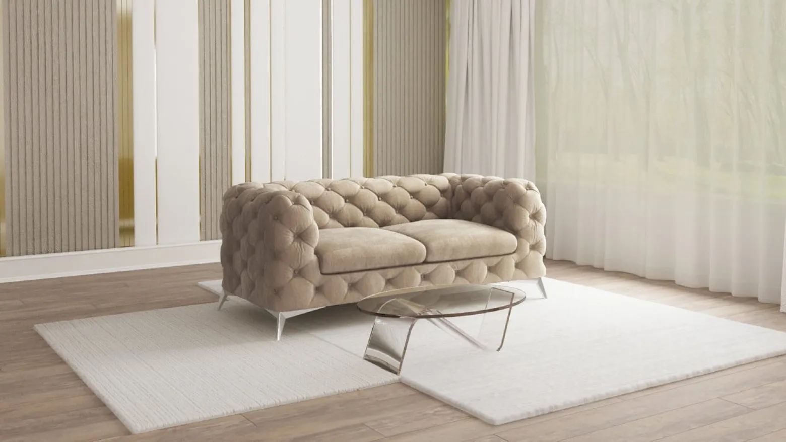 Ropez Chelsea sofa 2 osobowa pikowana beżowa nogi srebrne