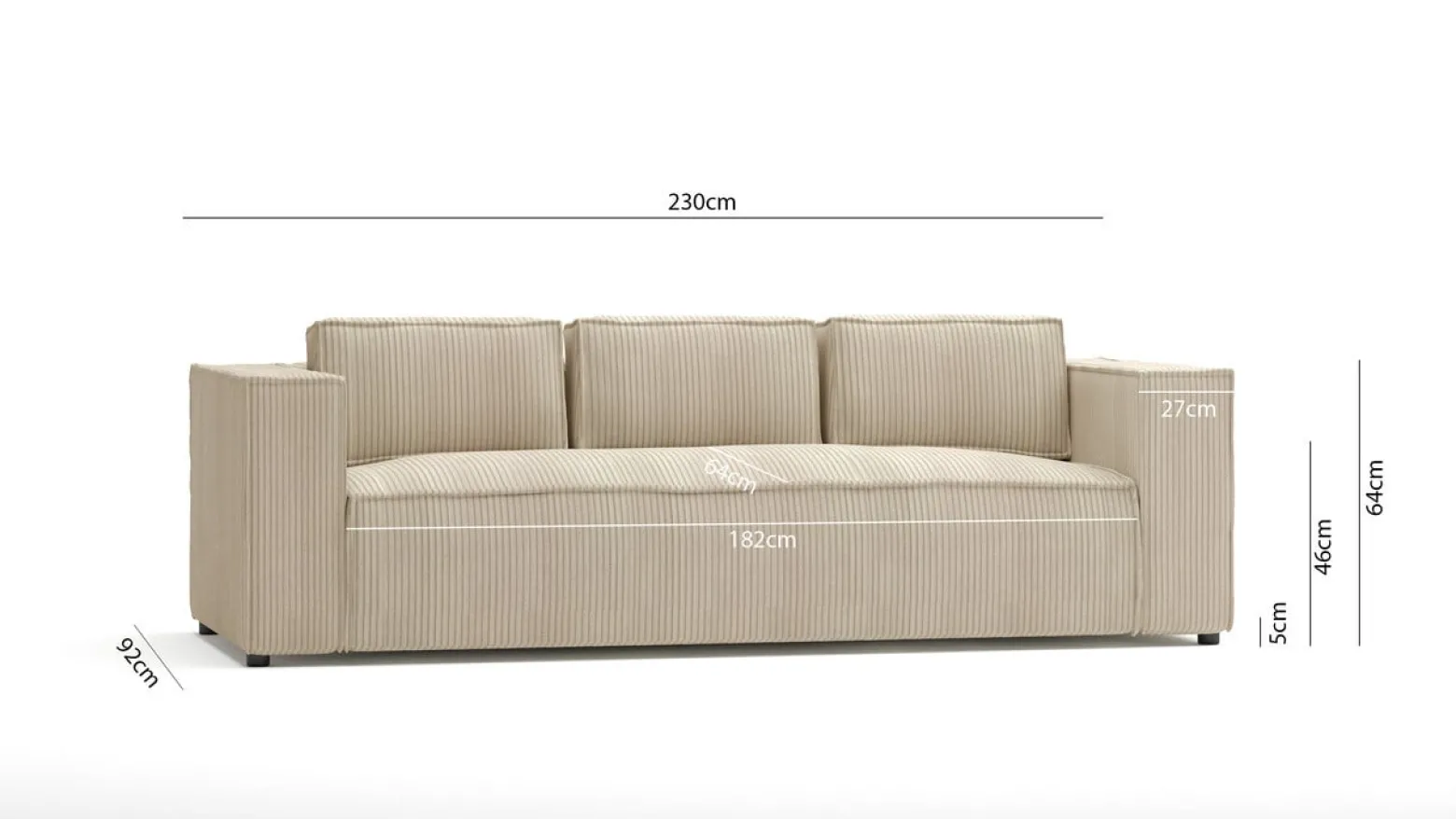Ropez Cloe sofa 3 osobowa bez funkcji tkanina sztruks beż