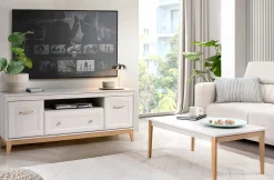 RTV WINDSOR 135 Cashmere Frez Front Dębowe Nogi Szuflada Półka