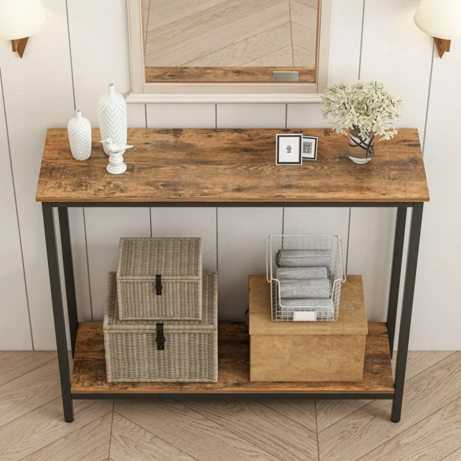 Rustykalna konsola 100 cm szafka loft metalowy stelaż brązowy blat regał