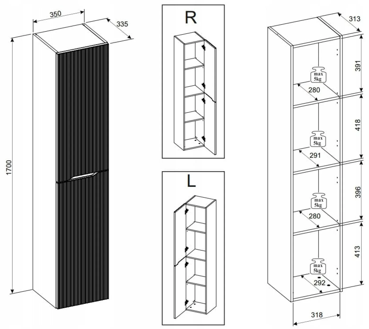 Ryflowane meble NORDIC CREMONA DĄB szafka z blatem 60 cm i słupek
