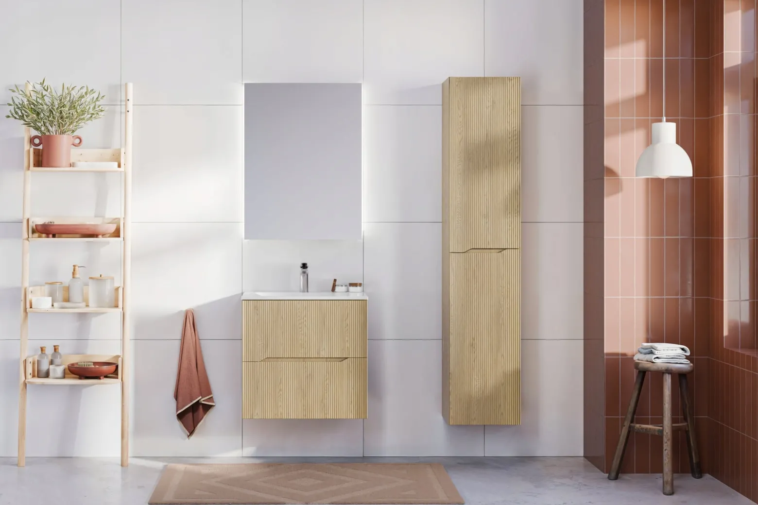 Ryflowane meble NORDIC CREMONA DĄB szafka z blatem 60 cm i słupek