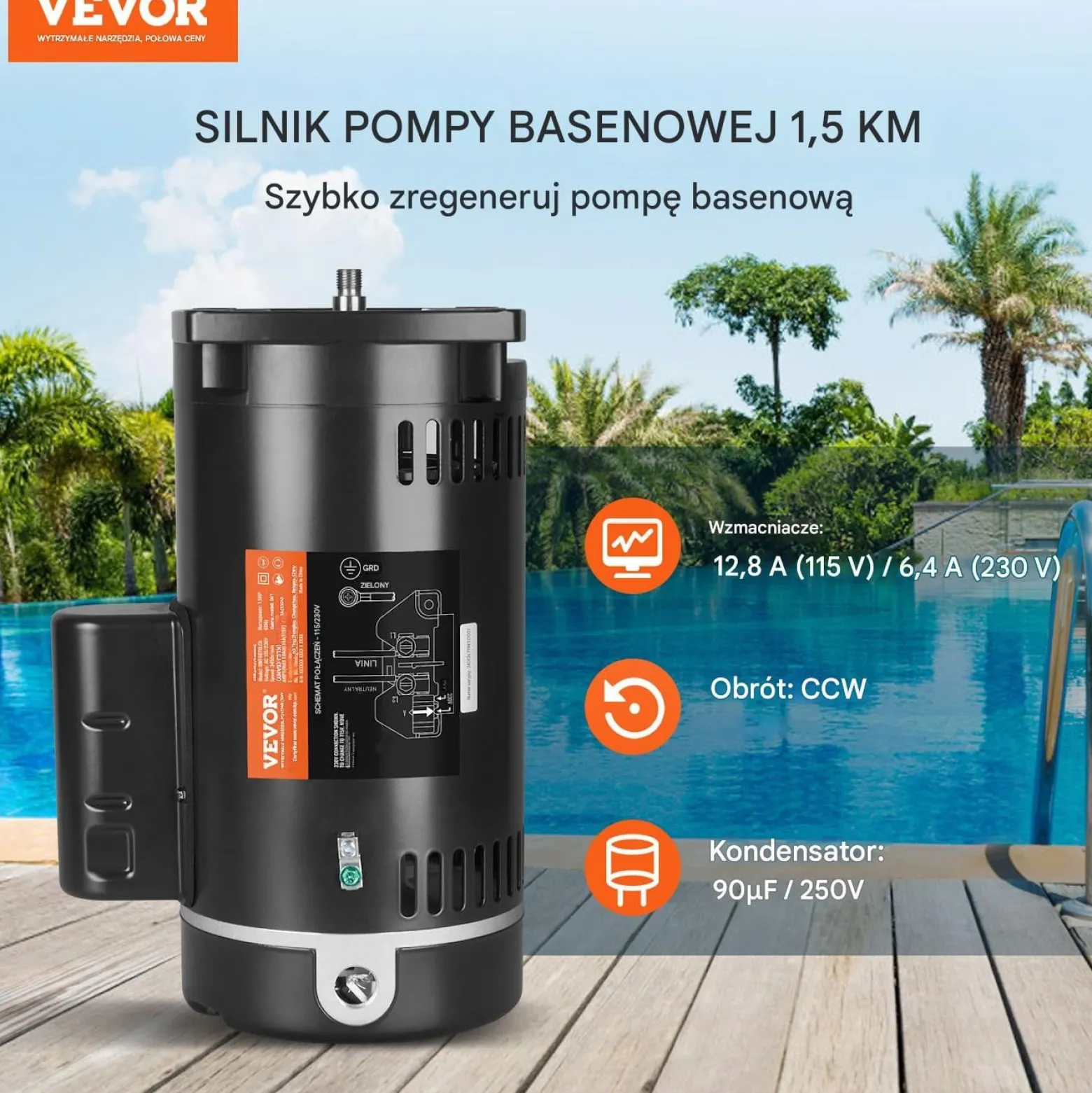 Silnik do Pompy Basenowej 1,5KM 115/230V 3450 obr. profesjonalny