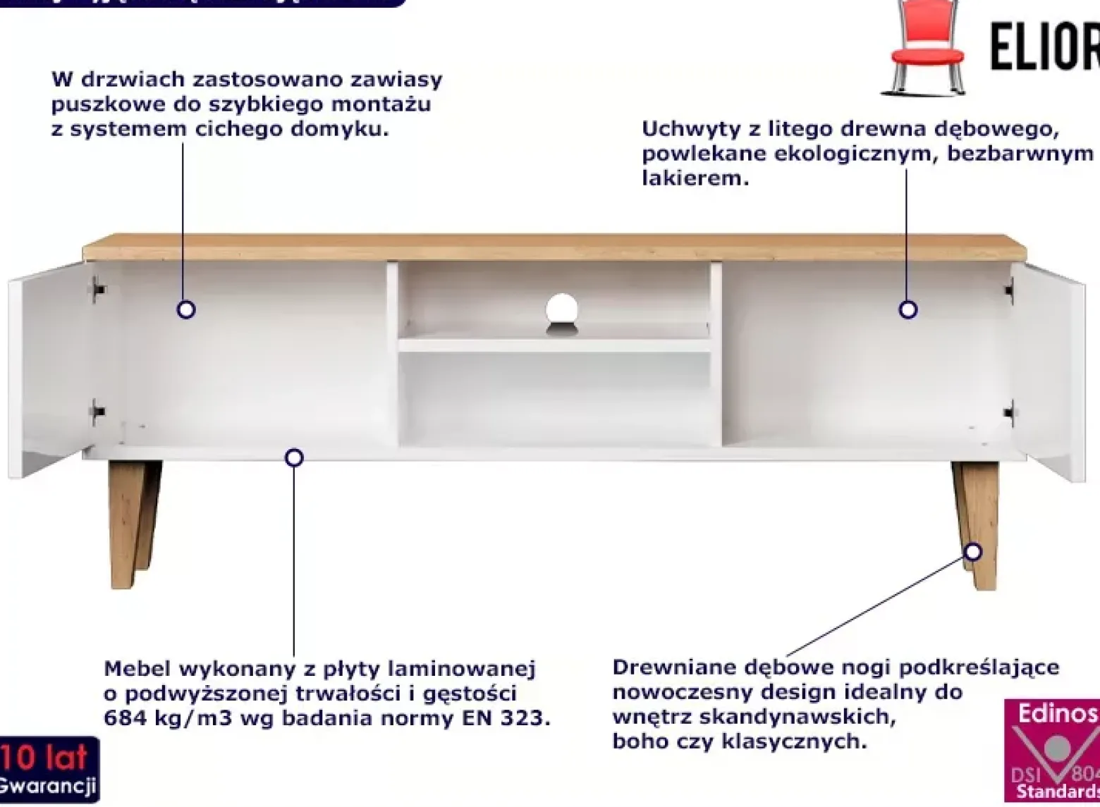 Skandynawska szafka RTV na dębowych nóżkach biały + hikora - Tivon