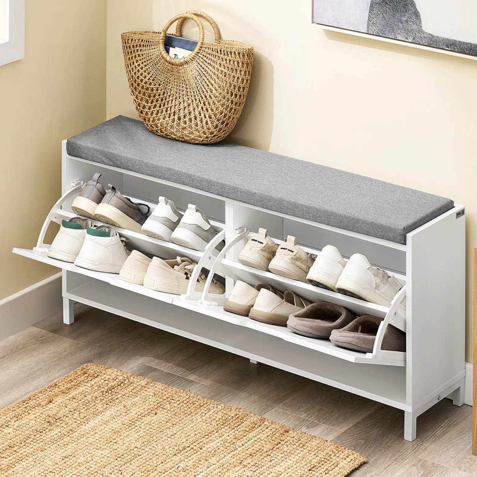 SoBuy Ławka z pojemnikiem na buty z 2 drzwiami Biały 105x24x52cm FSR151-L-W