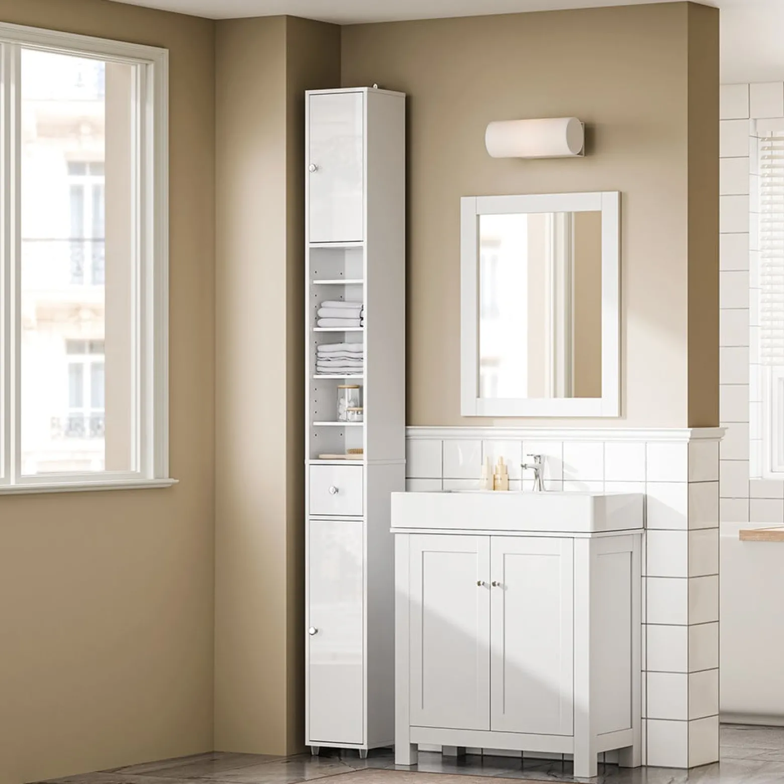 SoBuy Słupek łazienkowy z jedną szufladą Biały 20x20x180cm BZR167-GW