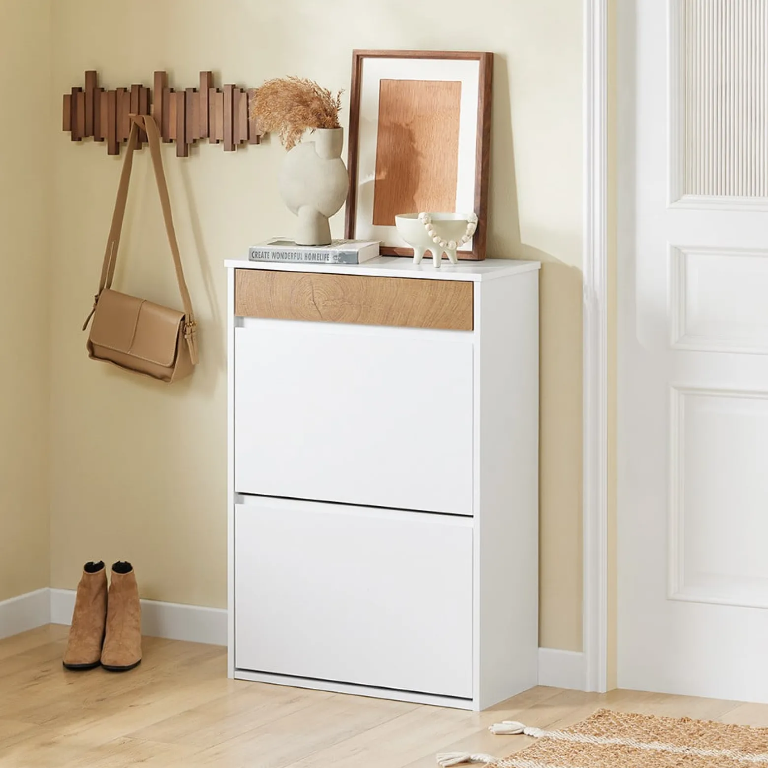 SoBuy Szafka na buty z szufladą Biały/Drewno 61x25x91cm FSR205-WN