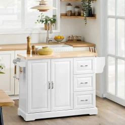 SoBuy Wyspa kuchenna z 3 szufladami Biały/Drewno 130x71x91cm FKW41-II-WN