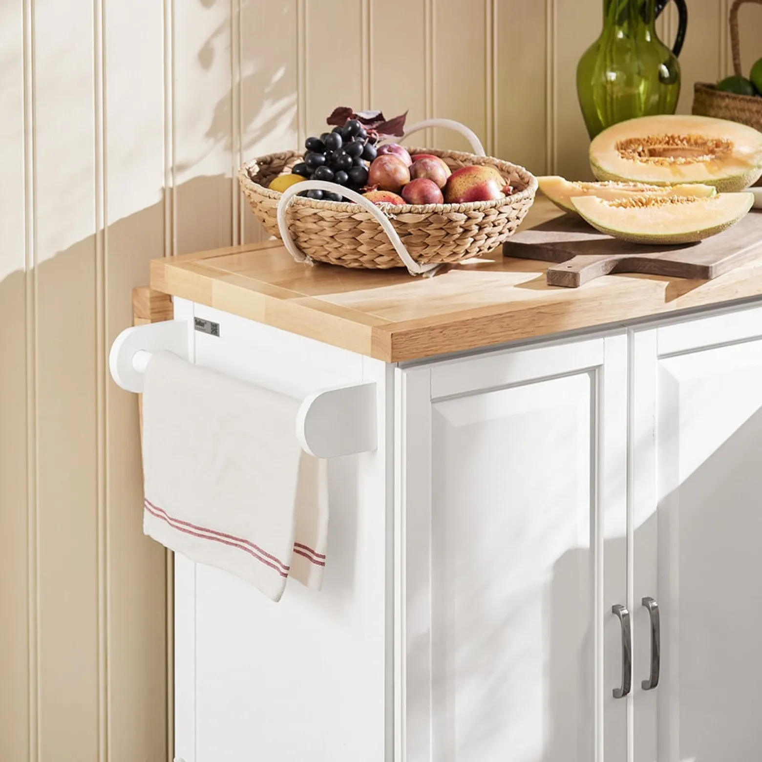 SoBuy Wyspa kuchenna z 3 szufladami Biały/Drewno 130x71x91cm FKW41-II-WN