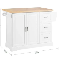 SoBuy Wyspa kuchenna z 3 szufladami Biały/Drewno 130x71x91cm FKW41-II-WN