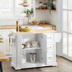 SoBuy Wyspa kuchenna z 3 szufladami Biały/Drewno 130x71x91cm FKW41-II-WN