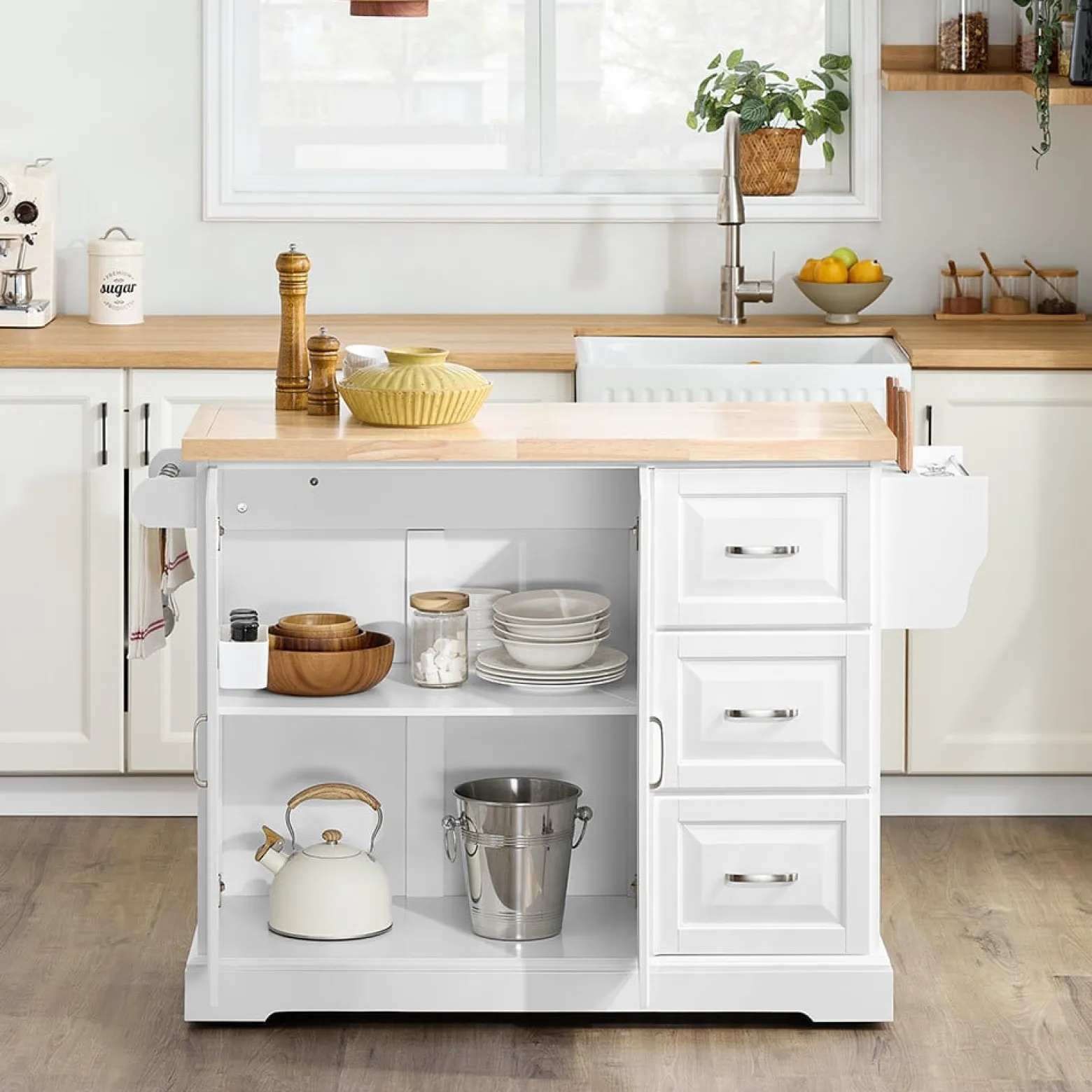 SoBuy Wyspa kuchenna z 3 szufladami Biały/Drewno 130x71x91cm FKW41-II-WN