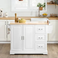 SoBuy Wyspa kuchenna z 3 szufladami Biały/Drewno 130x71x91cm FKW41-II-WN