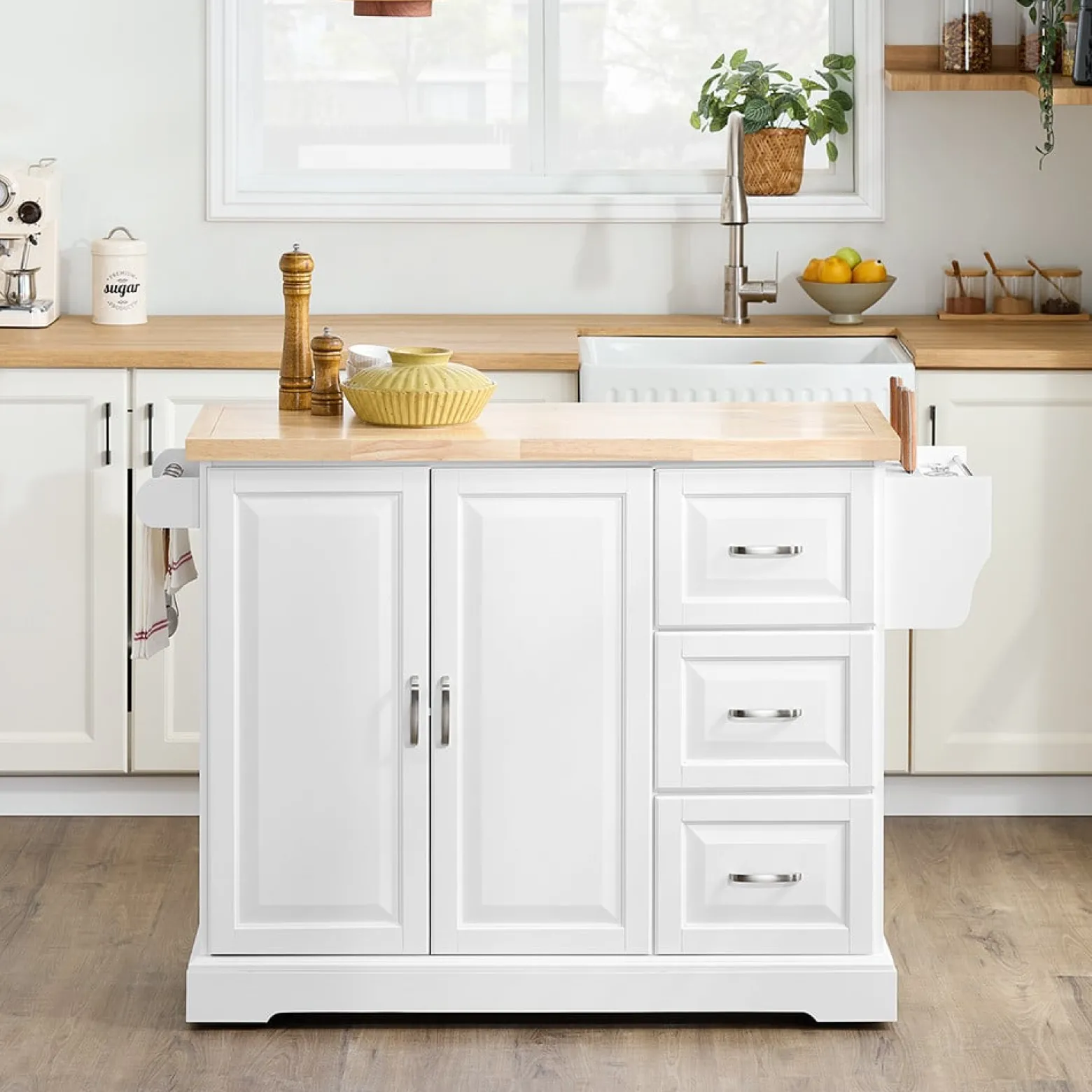 SoBuy Wyspa kuchenna z 3 szufladami Biały/Drewno 130x71x91cm FKW41-II-WN