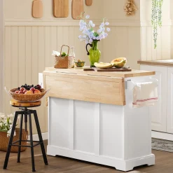 SoBuy Wyspa kuchenna z 3 szufladami Biały/Drewno 130x71x91cm FKW41-II-WN