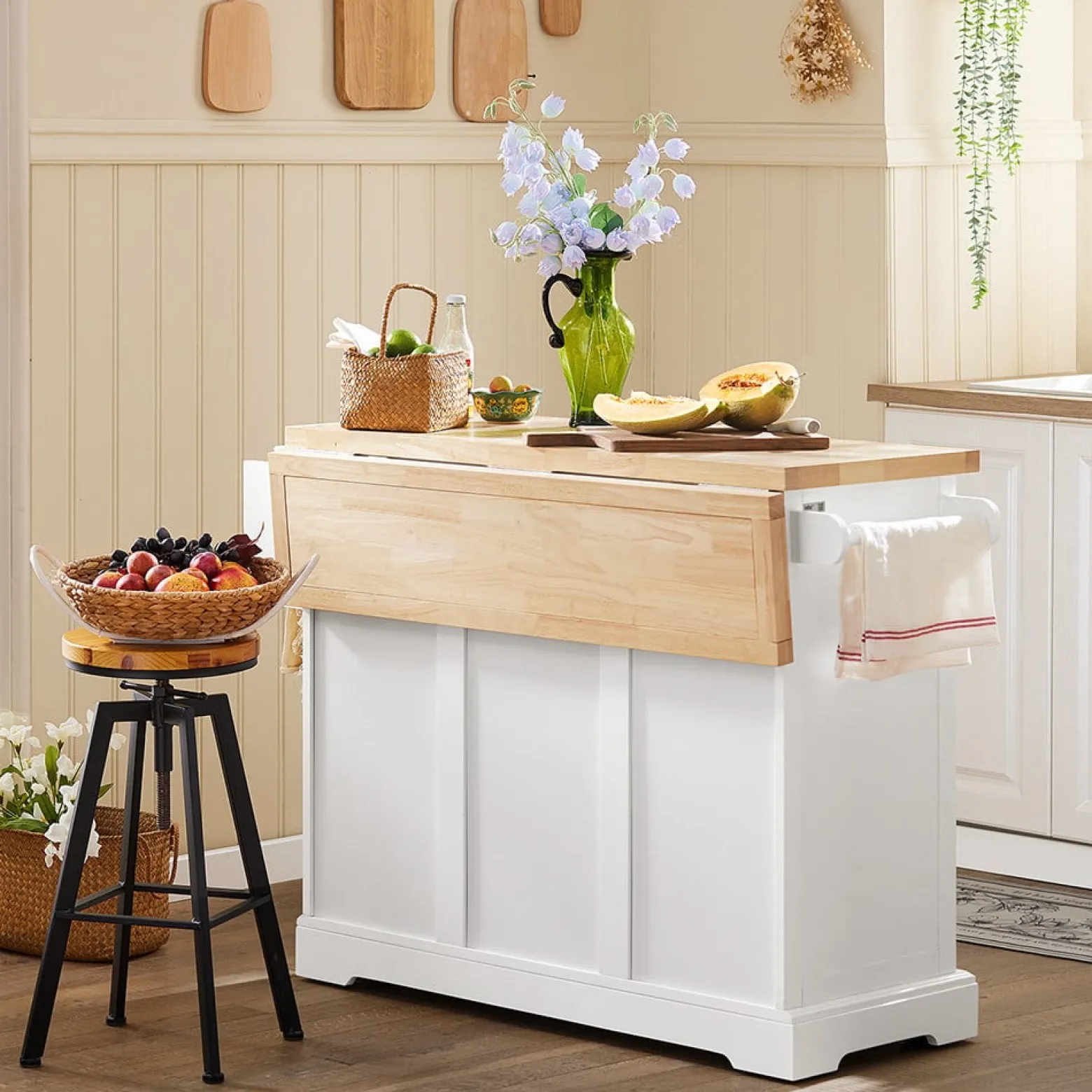 SoBuy Wyspa kuchenna z 3 szufladami Biały/Drewno 130x71x91cm FKW41-II-WN