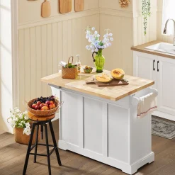SoBuy Wyspa kuchenna z 3 szufladami Biały/Drewno 130x71x91cm FKW41-II-WN
