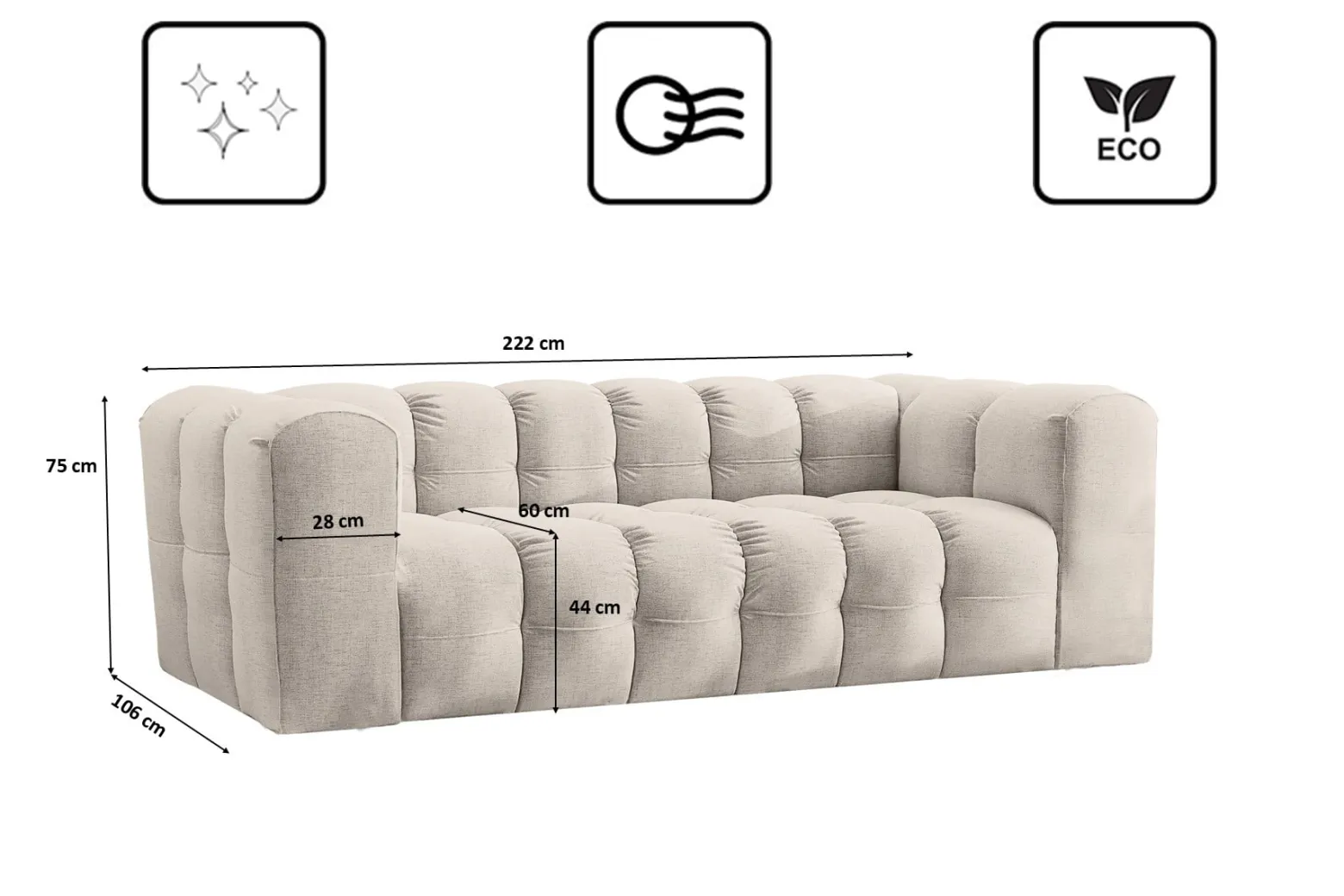 Sofa 3-osobowa, Kanapa BALOO, tkanina Szenil, Ecru