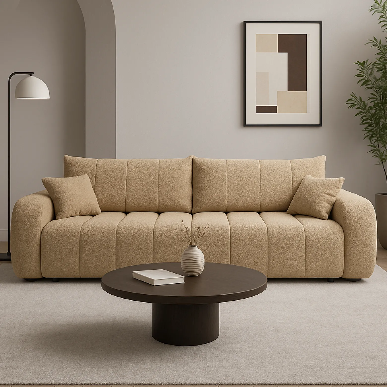 Sofa rozkładana ALOO obita tkaniną boucle z ozdobnymi poduszkami, beżowa