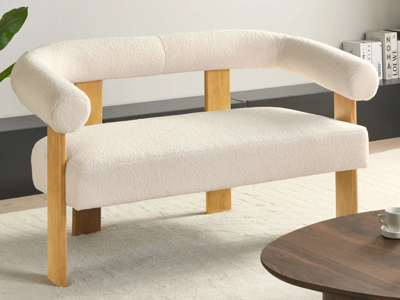 Sofa dwuosobowa retro boucle złamana biel z jasnobrązowym