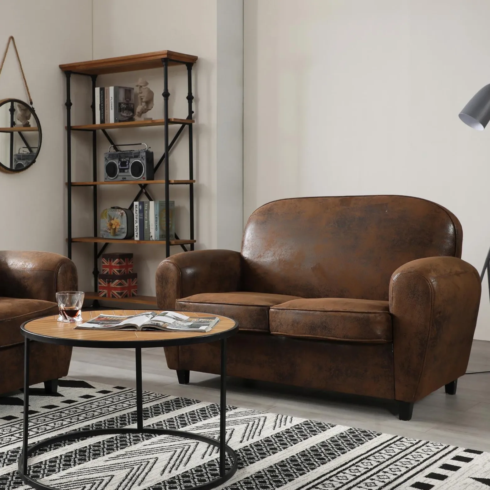 Sofa klubowa Vintage skóra ekologiczna brązowa