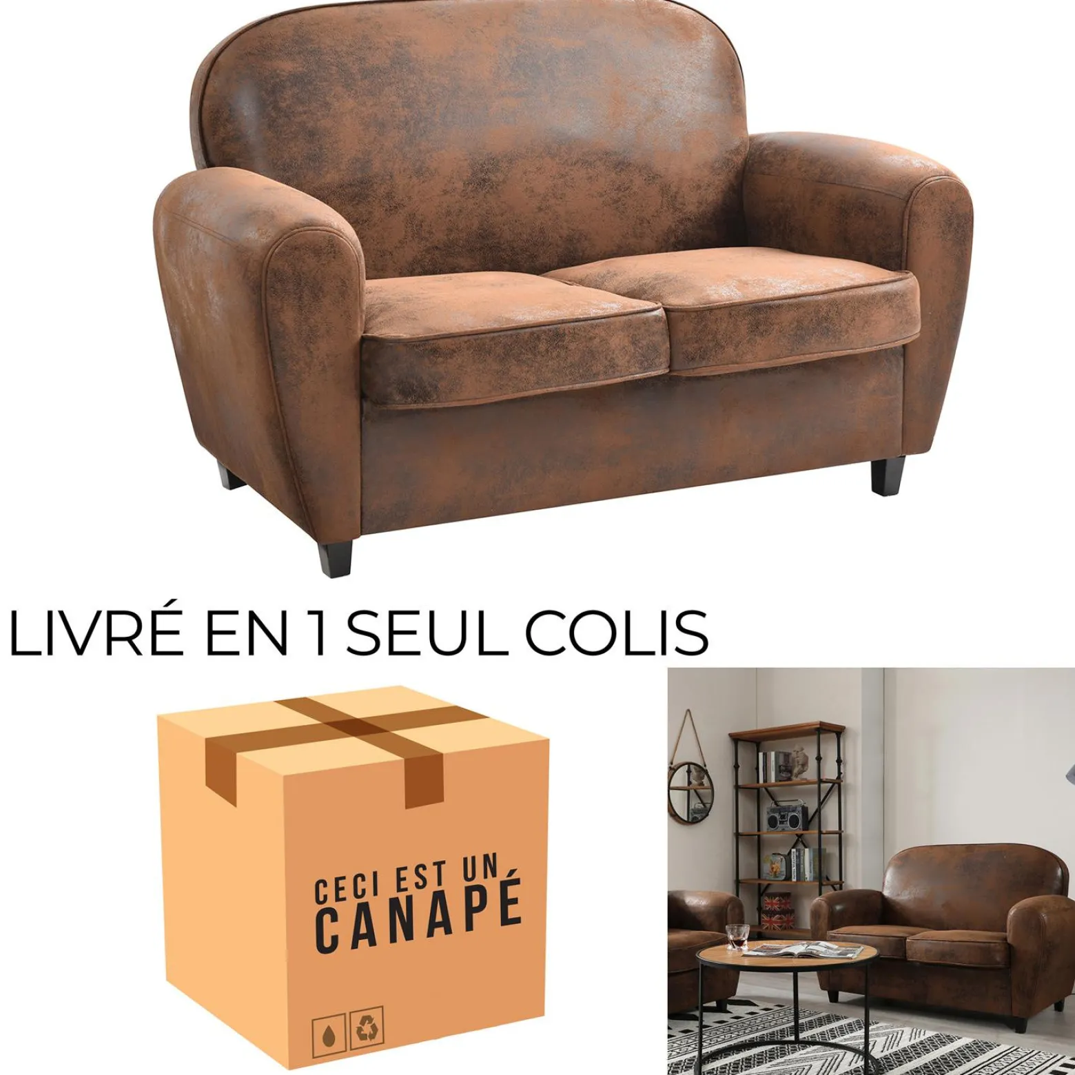 Sofa klubowa Vintage skóra ekologiczna brązowa