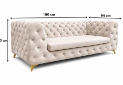 Sofa Moet beżowa welurowa Chesterfield glamour pikowana 3-osobowa