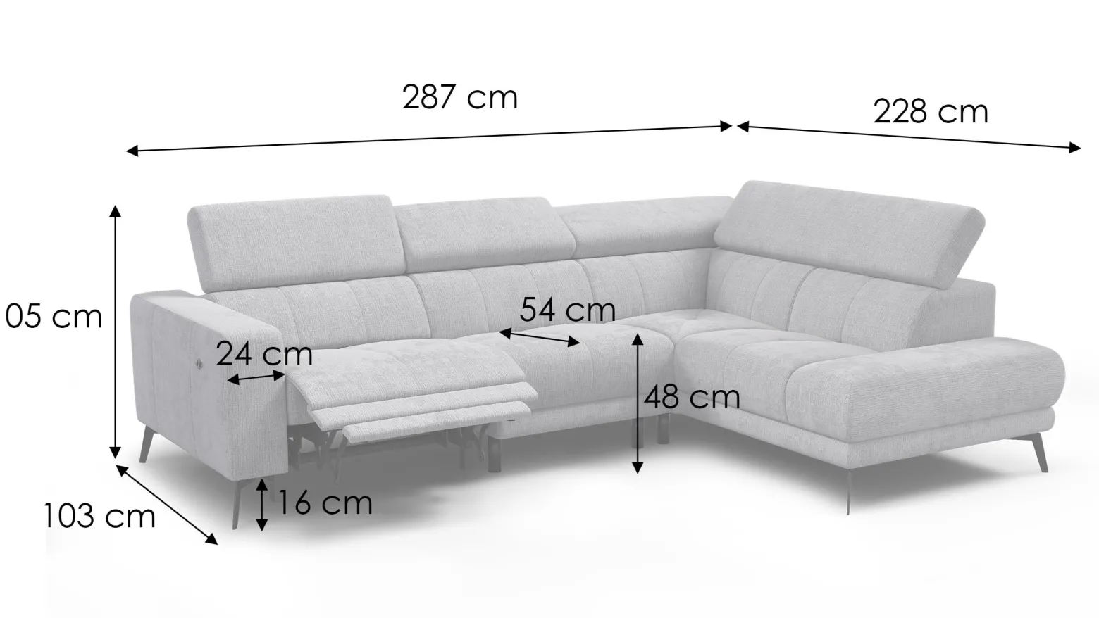 Sofa narożna 5 osobowa prawa MORELLO, jasnoszara, 1 x Relax Zero Gravity