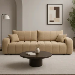 Sofa rozkładana ALOO obita tkaniną boucle z ozdobnymi poduszkami, beżowa