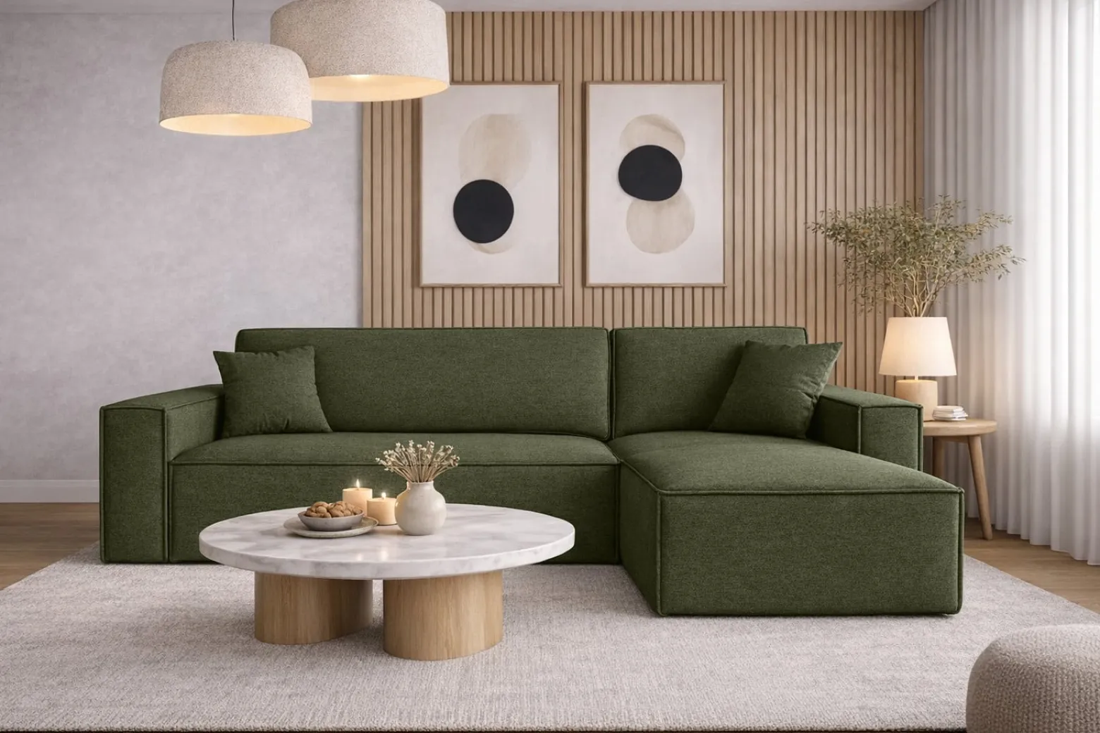 Sofa w kształcie L BEST narożnik tkanina Neve, Oliwkowy Prawostronny