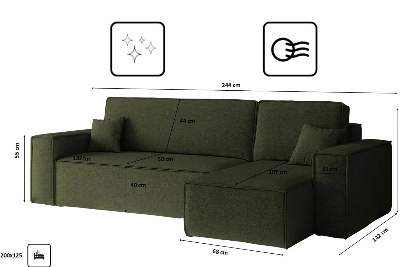 Sofa w kształcie L BEST narożnik tkanina Neve, Oliwkowy Prawostronny