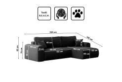 Sofa w kształcie L CAPRI narożnik, tkanina Poso, Czarny Prawostronny