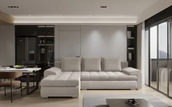 Sofa w kształcie L TOMI narożnik, tkanina Castel Zimny beżowy Lewostronny