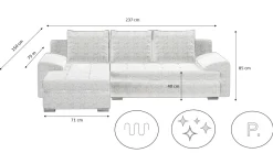 Sofa w kształcie L TOMI narożnik, tkanina Castel Zimny beżowy Lewostronny