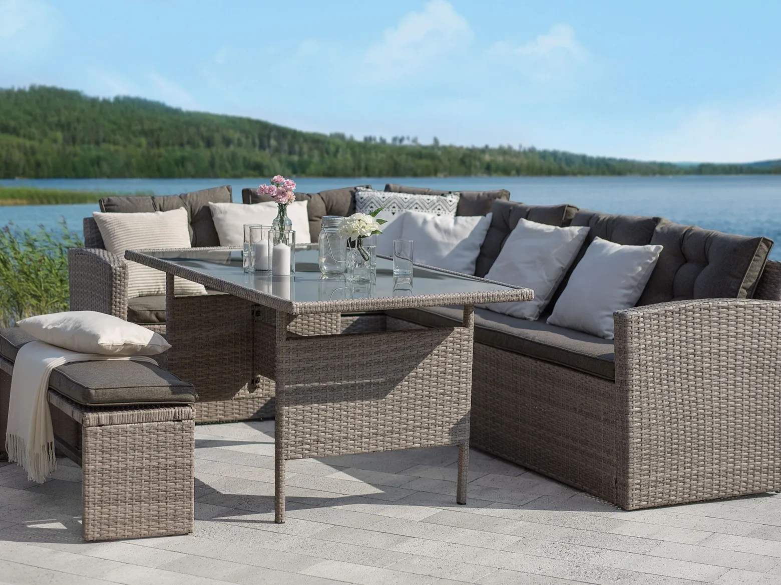 Stół ogrodowy rattan szkło 145x80 szary