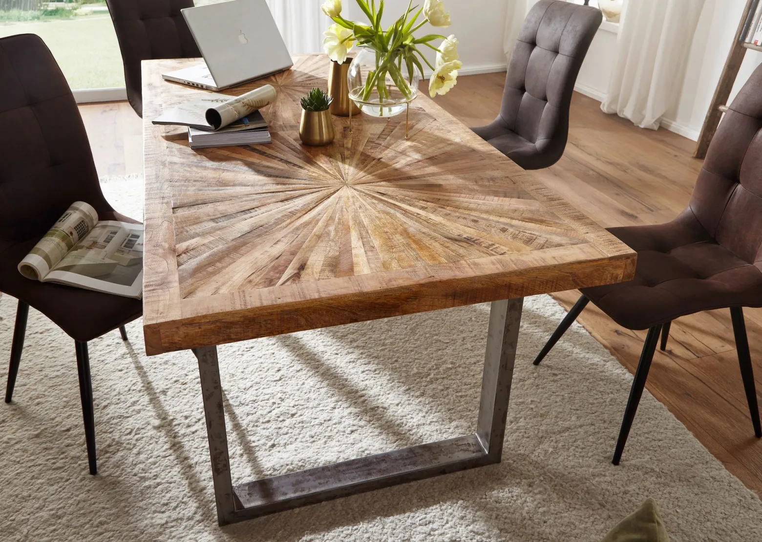 Stół do Jadalni Mango Drewno Lite Stół Kuchenny Loft Metalowa Rama 200 cm
