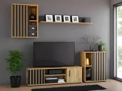 Stojąca szafka RTV z drzwiczkami i lamelami w stylu loft - Manix