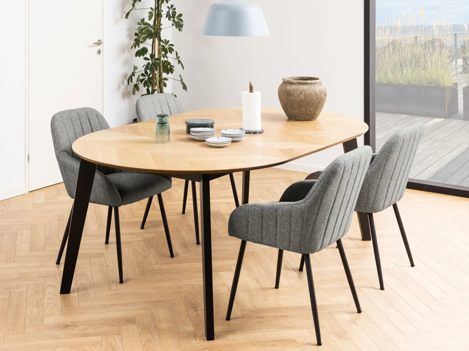 Stół okrągły rozkładany 120-198 cm Herringbone, jodełka lakierowana
