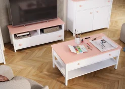 Stolik kawowy a szufladą LAURA do pokoju dziecięcego biały + różowy