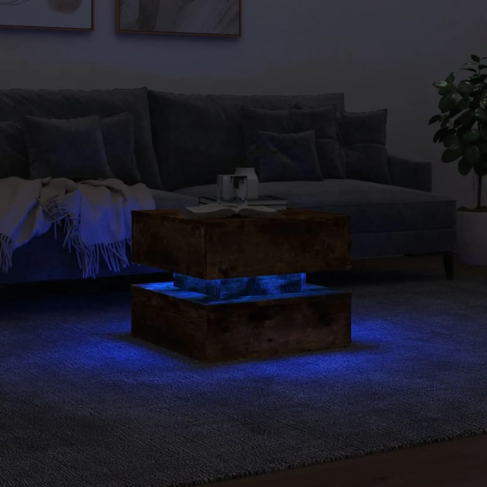 Stolik Kawowy Ława Stół Brązowy 50x50x40 Oświetlenie Led Do Salonu