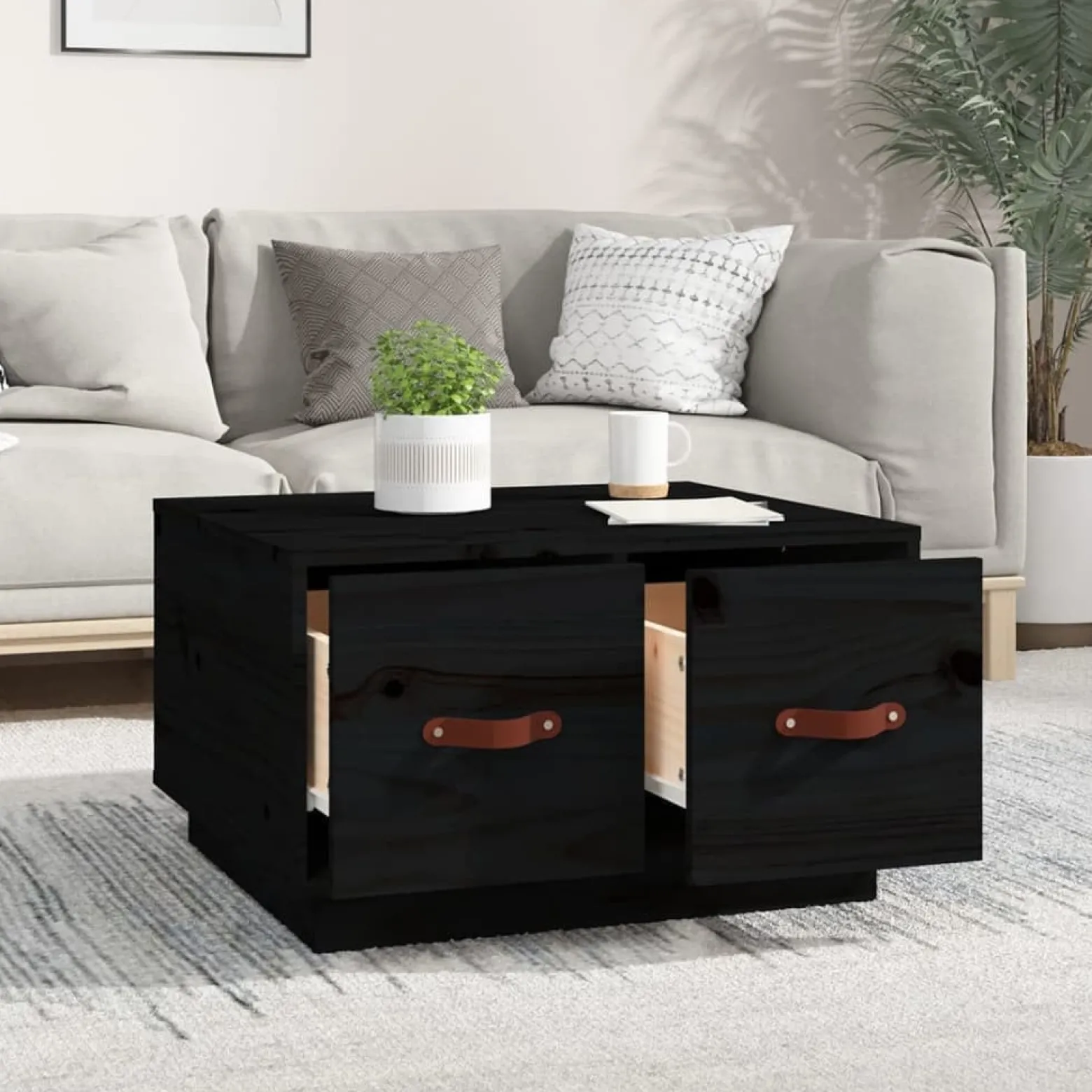 Stolik Kawowy Ława Stół Czarny Drewniany 60x53x35 Szuflady Do Salonu