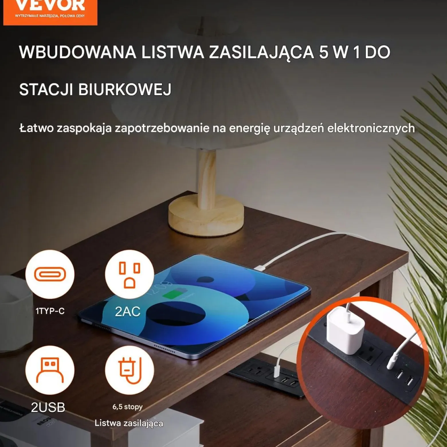 Stolik nocny wąski z szufladą USB i gniazdkami do sypialni brązowy