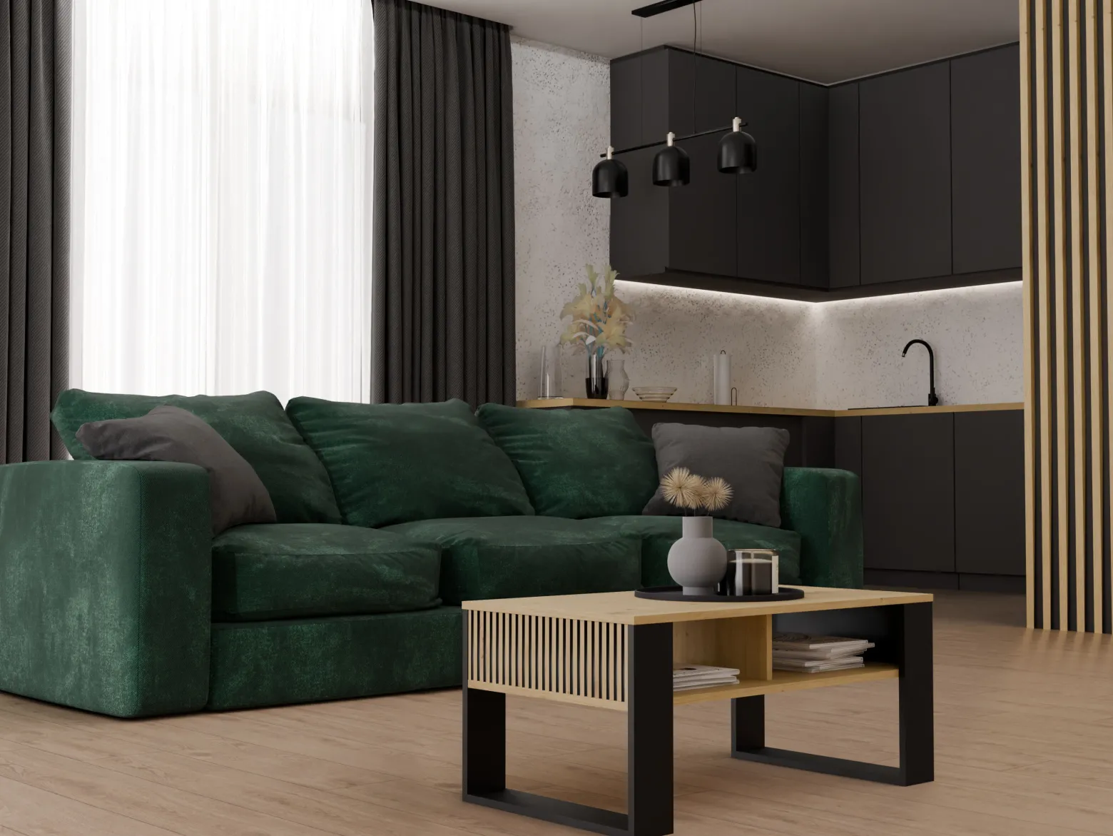 Stolik kawowy ława Modern 2P SLIM dąb artisan czerń lamele