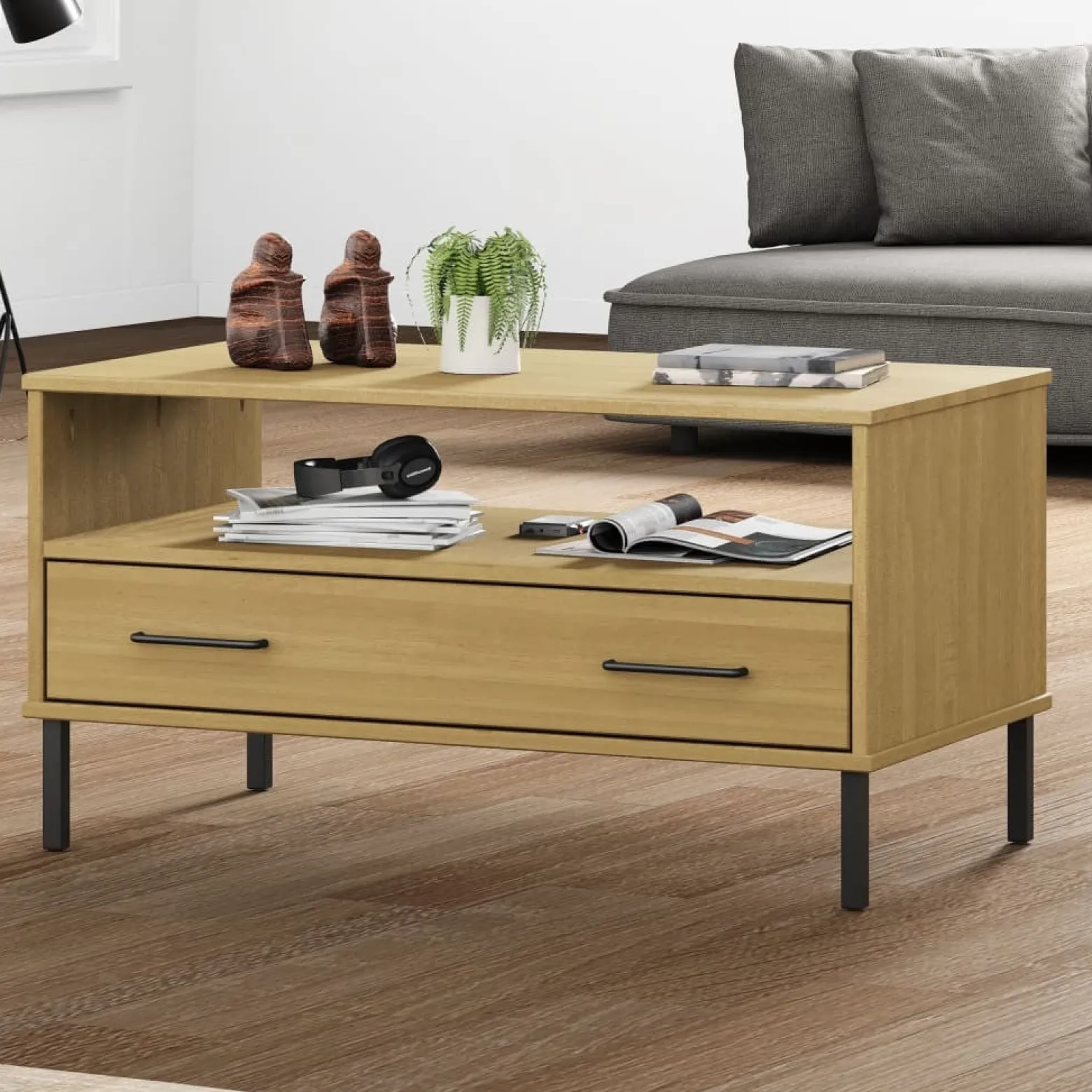 Stolik Kawowy Ława Stół Brązowy Drewniany 85x50x45 Szuflady Do Salonu
