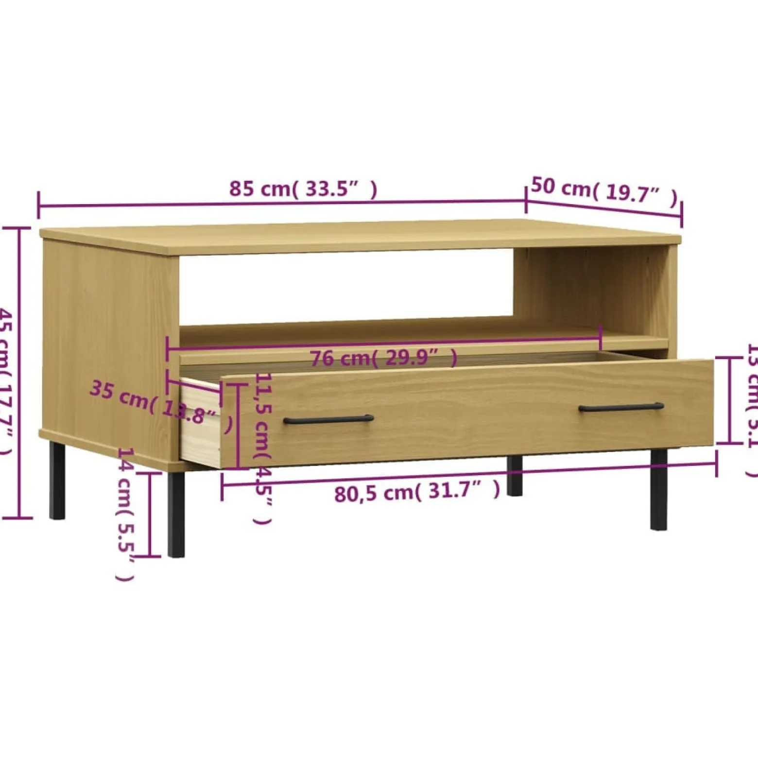 Stolik Kawowy Ława Stół Brązowy Drewniany 85x50x45 Szuflady Do Salonu