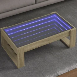 Stolik Kawowy Ława Stół Brązowy 90x53x30 Oświetlenie Led Do Salonu