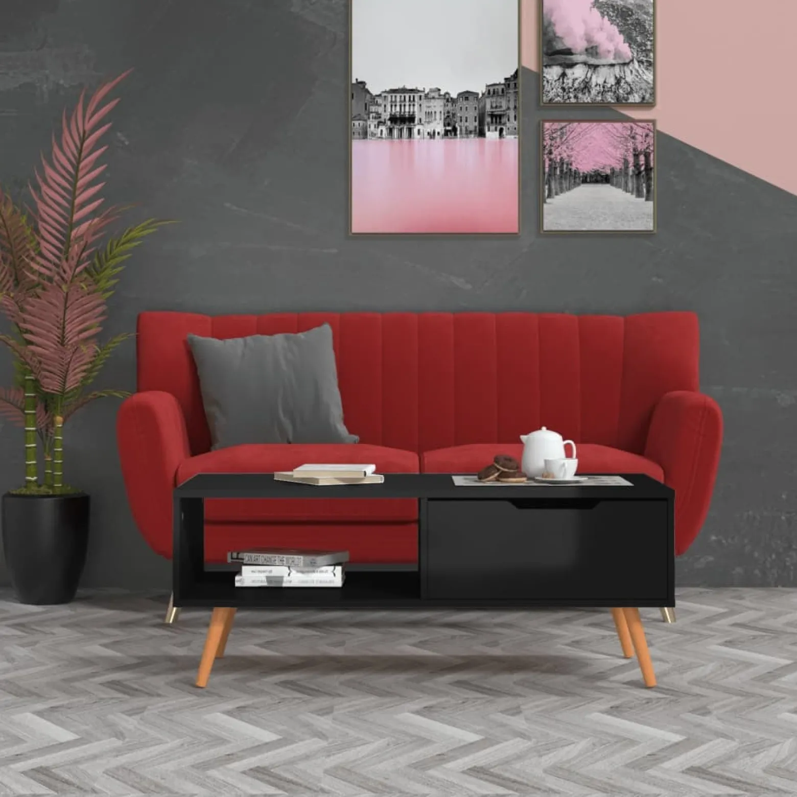 Stolik Kawowy Ława Stół Czarny Połysk 100x49.5x43 Do Salonu Do Pokoju