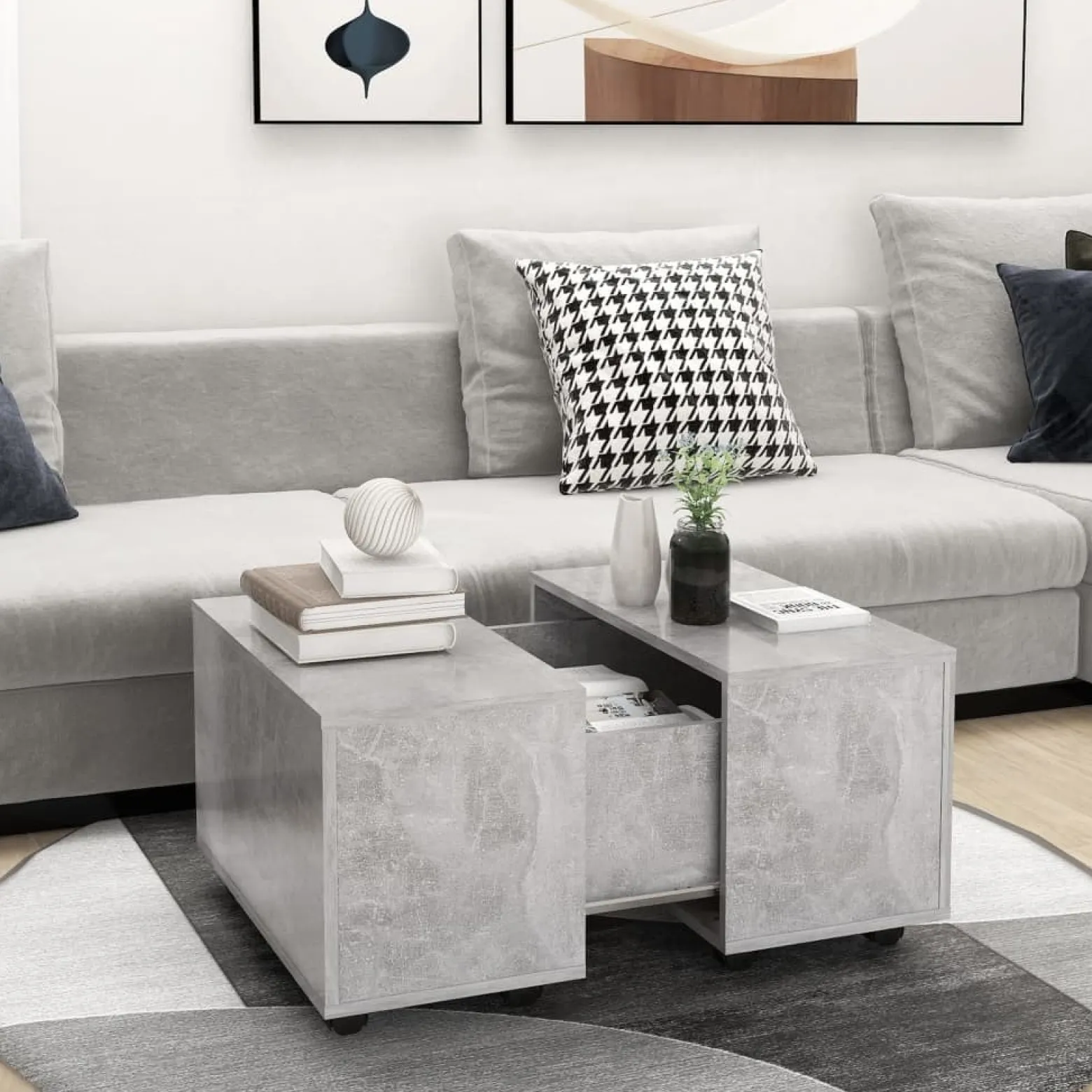 Stolik Kawowy Ława Stół Szary 60x60x38 Kółka Wewnętrzna Przegroda