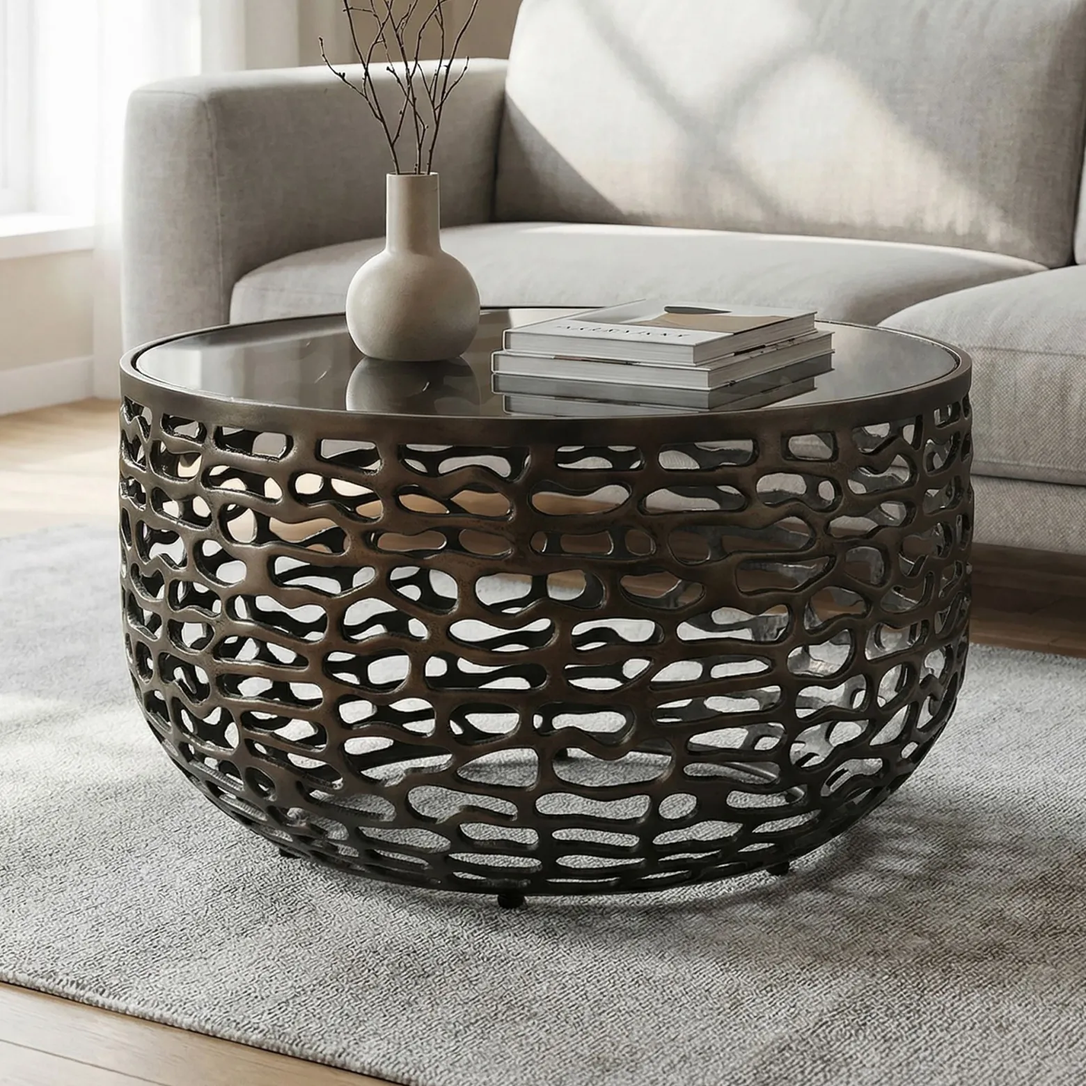 Stolik kawowy 60cm Alu Szkło Stolik do salonu Okrągły Metalowy Pomocniczy
